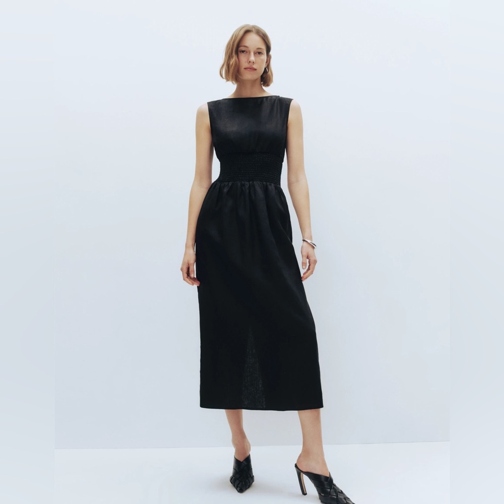 Reformation Davie Smocked Waist Linen Midi Dress - Black